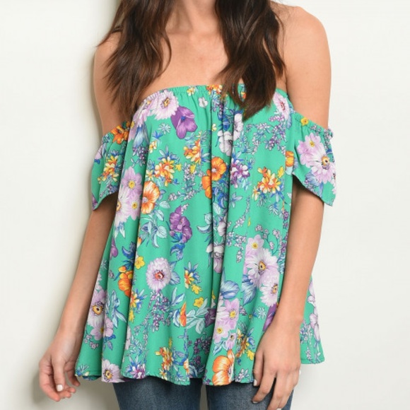 Trend Setter Diva Boutique Tops - GIRLY & FLIRTY MINT FLORAL OFF SHOULDER TOP